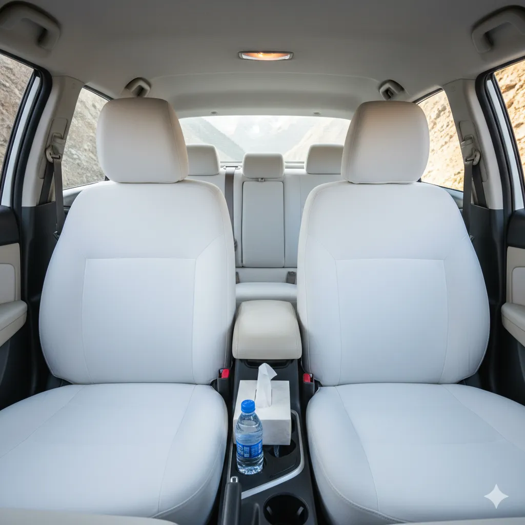 Spotlessly clean car interior with amenities