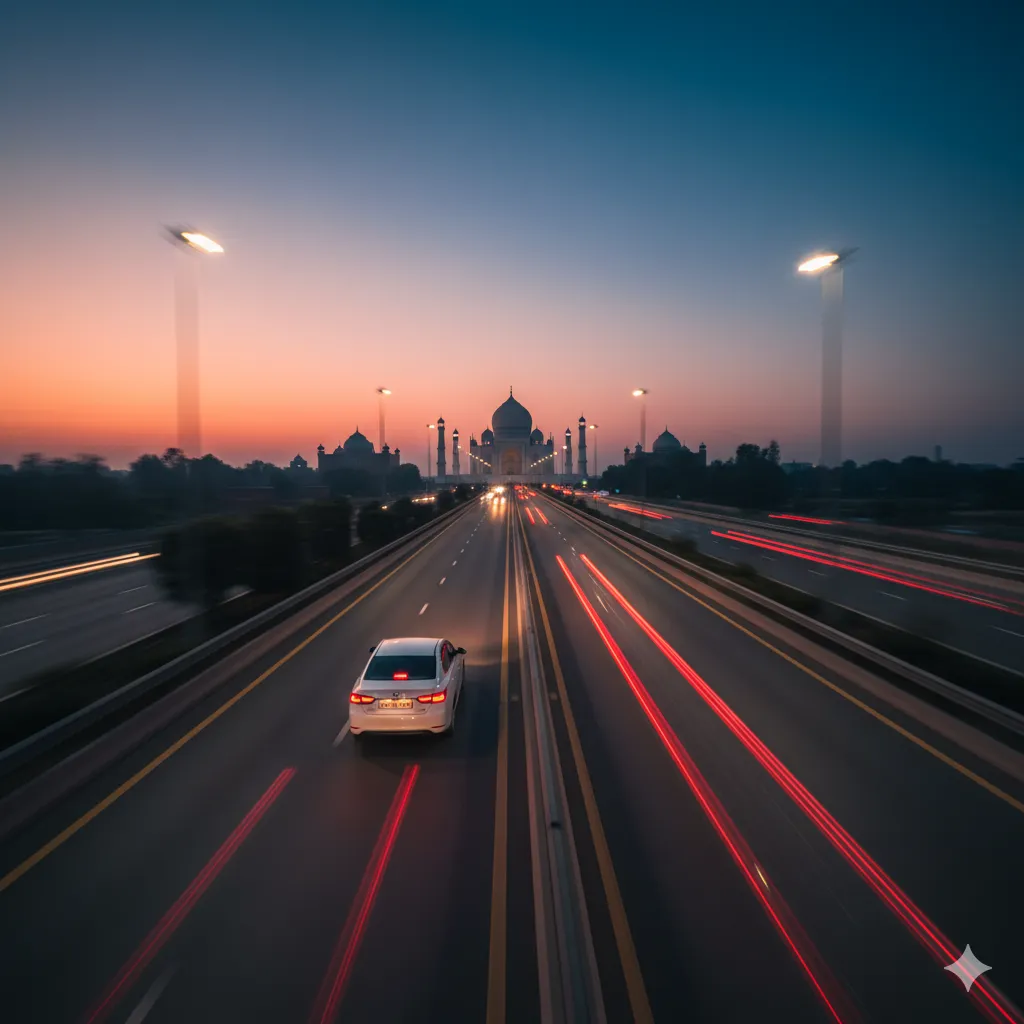 Driving on a modern highway towards Agra